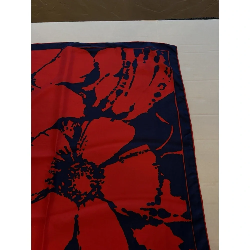 Vintage Silk Rayon Scarf Red Navy Blue Mod Floral Hand Rolled‎ Japan 29